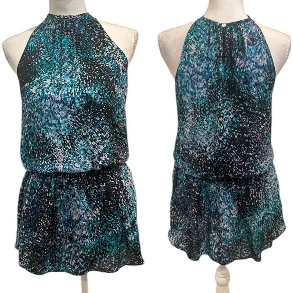 Ramy Brook Teal Printed Paris Silk Mini Drop Waist Sleeveless Blouson Dress‎ XS